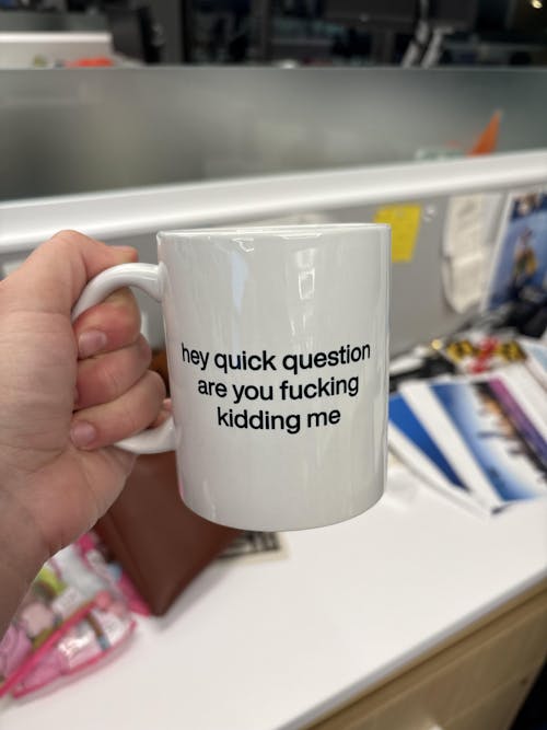 Hey quick question are you fucking kidding me Mug