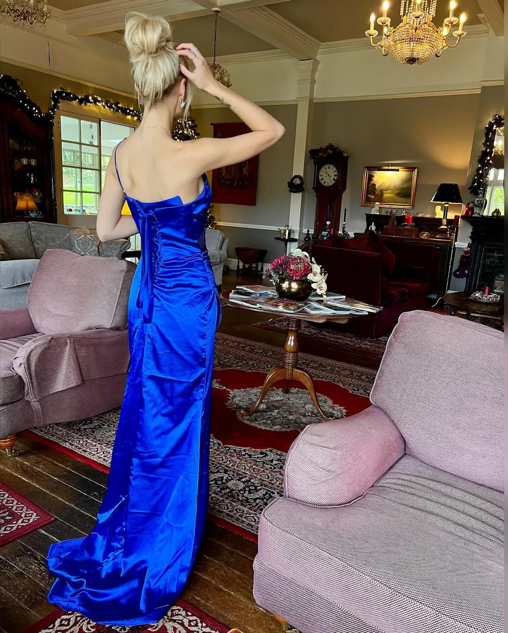 Pleated Off-the-shoulder A-line Satin Dress With Slit Mist main image 1