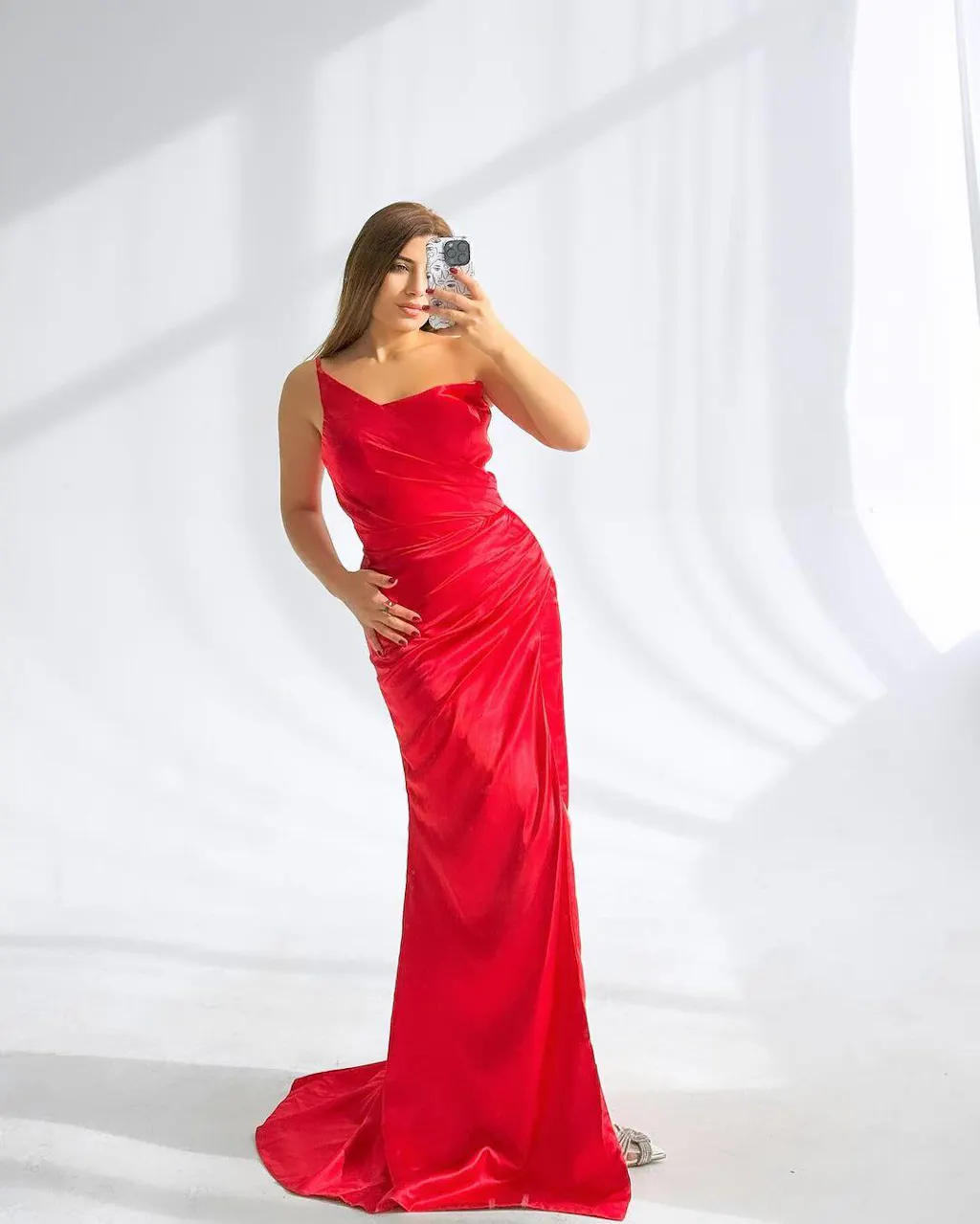 Pleated Off-the-shoulder A-line Satin Dress With Slit Cinnamon Rose main image 1