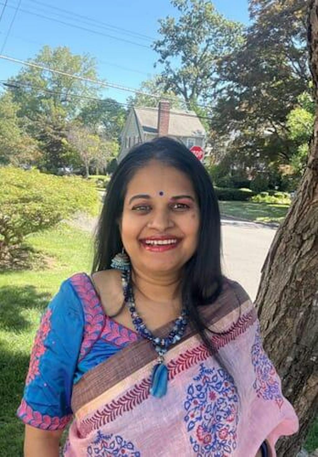 Pink And Blue Tunes-Linen Block Print Saree