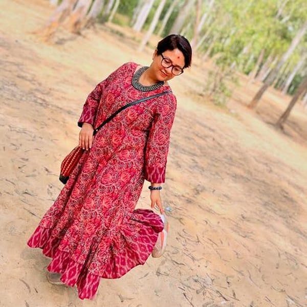 Berry Lush Ajrakh Dress with Ikat Trims