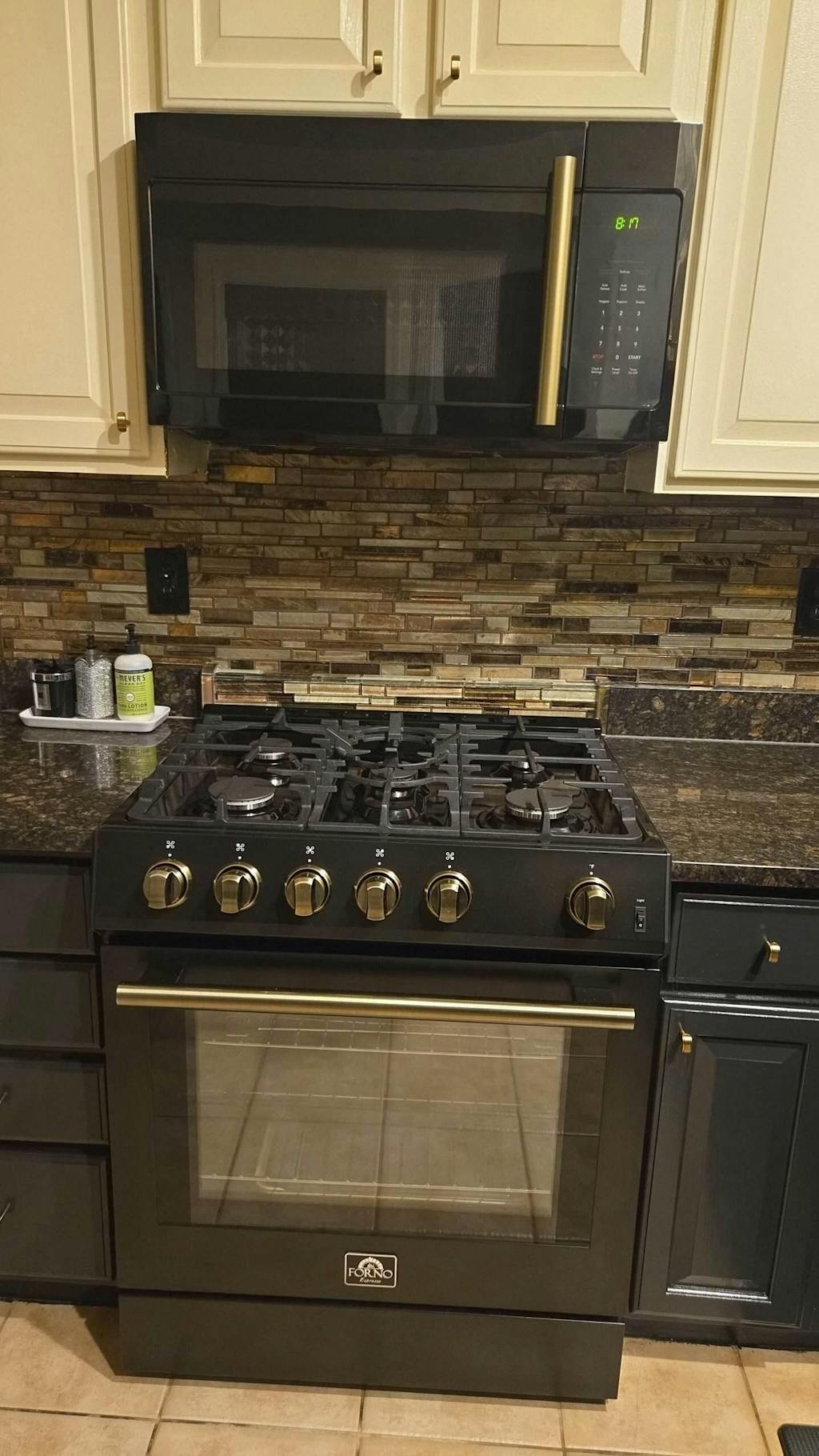 FORNO Fornace 30" 1.5 cu. ft. 300 CFM Over The Range Microwave in Black with Antique Brass Accents, FOTR3038-30BLK