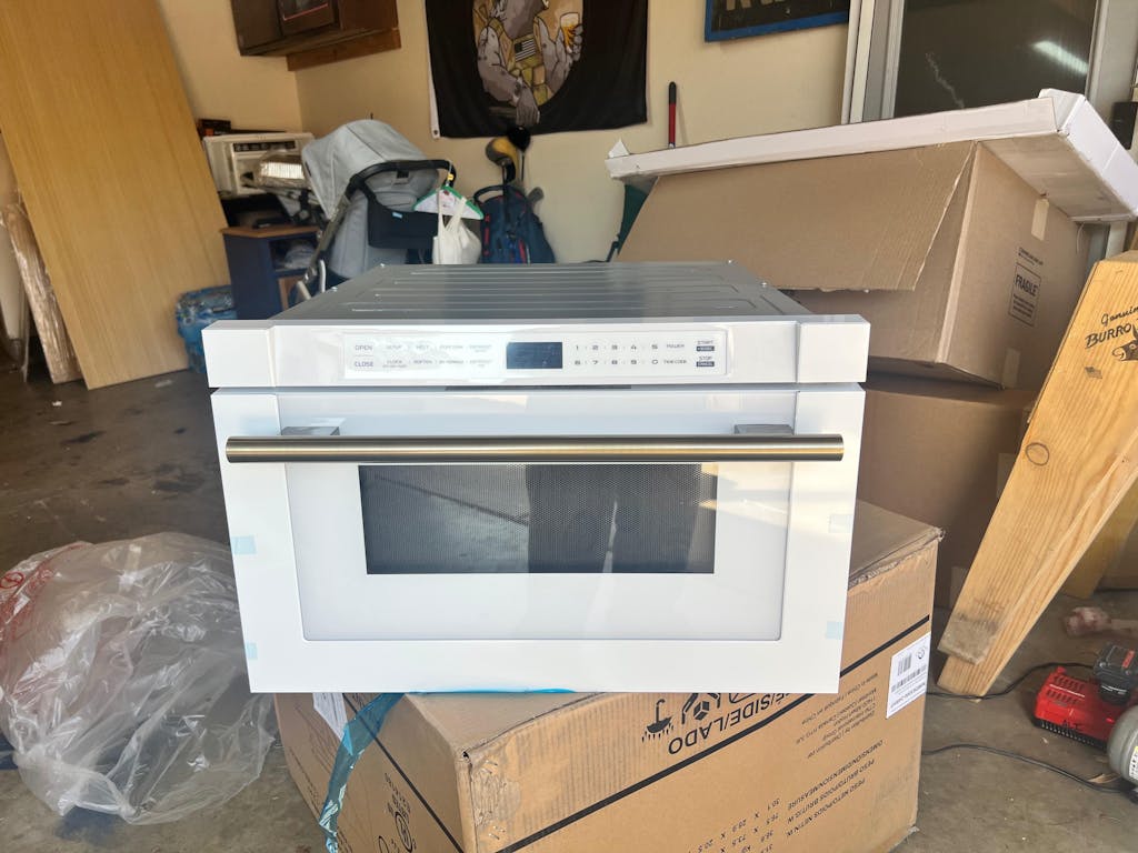 FORNO Espresso Package - 30" Gas Range, 36" Refrigerator with Ice Maker, Dishwasher and 24" Microwave Drawer in White with Antique Brass Accents