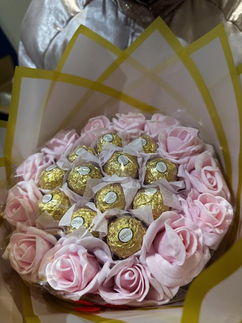 Luxe Ferrero Rocher and Pink Roses Hand-Tied Chocolate Bouquet Sweet Treat Occasion Gift