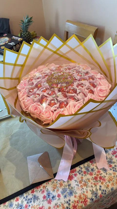 Birthday with Lindt Lindor and Pink Roses Hand-Tied Chocolate Bouquet Sweet Gift