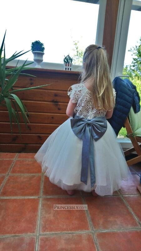 Miama Ivory Lace Flower Girl Dress - Cap Sleeves, Navy Blue Belt, Knee Length - View #5