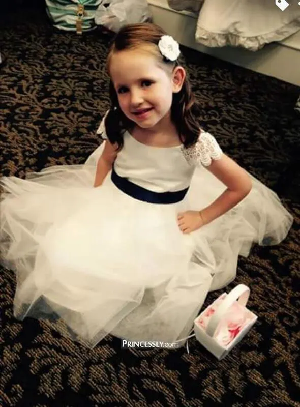 Cap Sleeve Ivory Princess A-line Lace Tulle Flower Girl Dresses With Belt, FG010 main image 0
