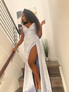 Sheath Prom Dress Long Split Off Shoulder V Neck Blue Satin, Crystals