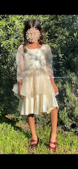Square Neck Long Sleeves Crystal Beaded Wedding Flower Girl Dress, Horsehair Hem