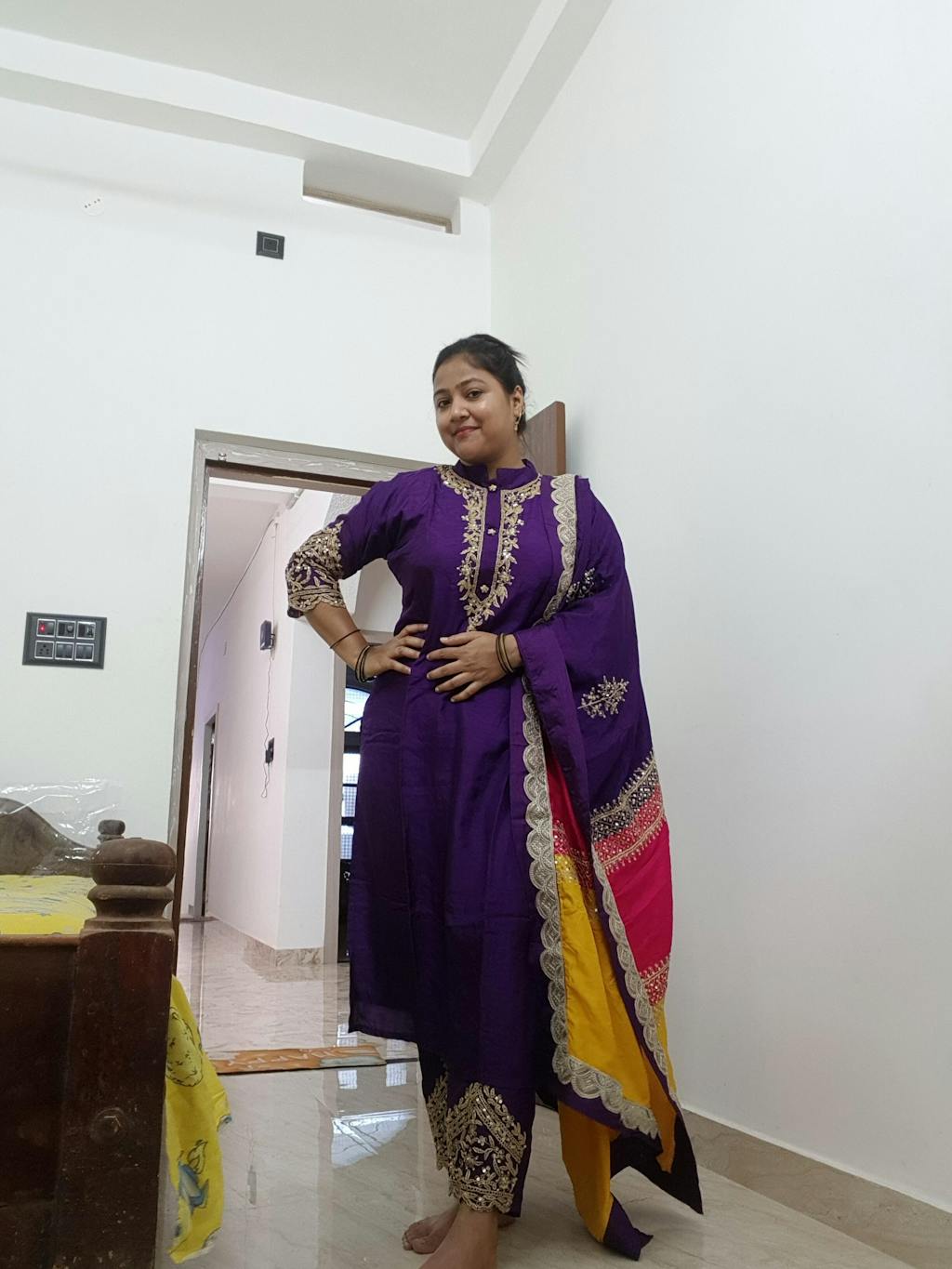 Purple Embroidered straight kurta set with Multicolored dupatta