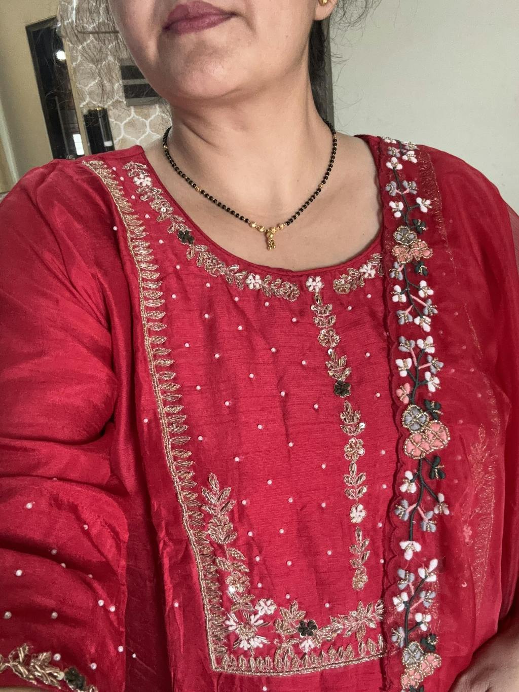 Red embroidered kurta set with dupatta