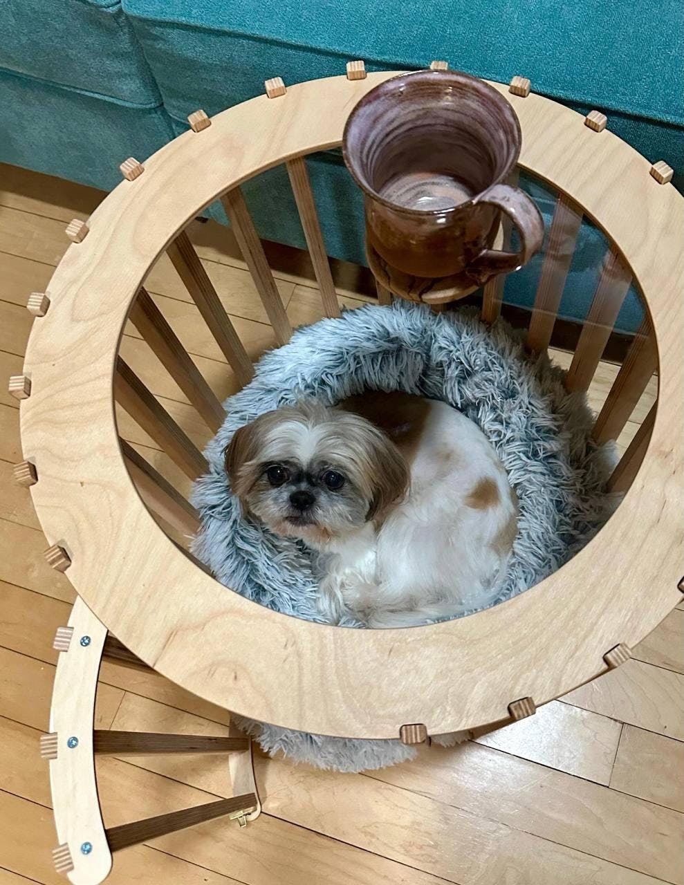 Light Wooden Dog House Coffee Table with Glass Top – Indoor Dog
