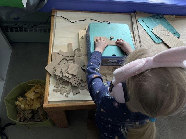 Customer photo for Kid Finger-Safe Cardboard Cutter for Ages 3+