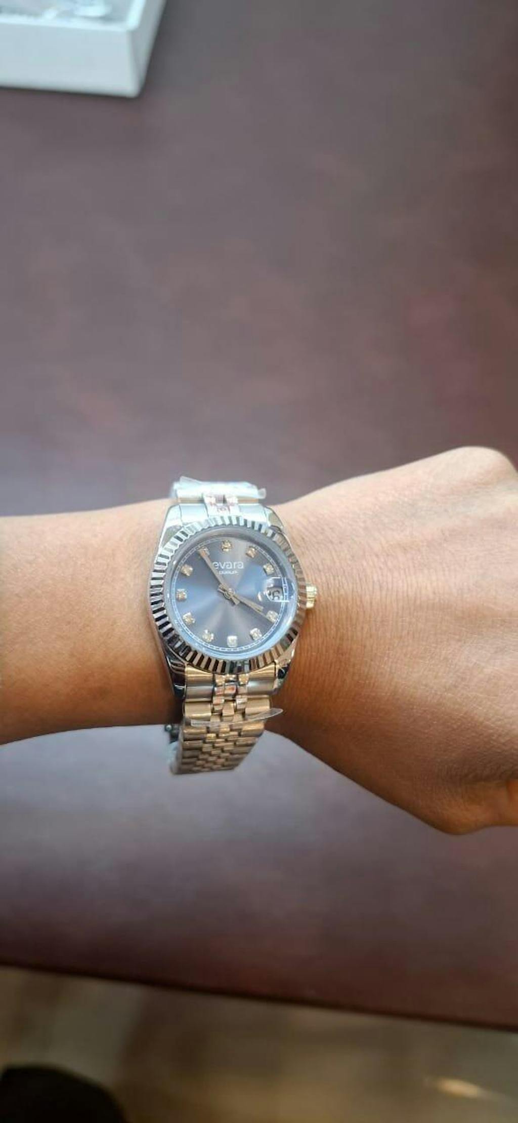 Qorum Evara Ladies Watch – Blue studded Dial, Date Display, Stainless Steel Strap