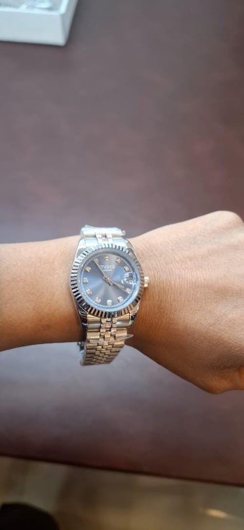 Qorum Evara Ladies Watch – Blue studded Dial, Date Display, Stainless Steel Strap