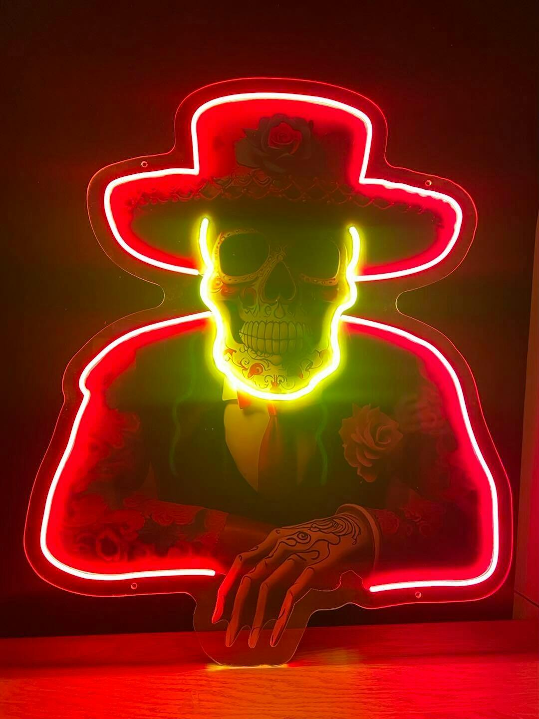 死者の日の砂糖の頭蓋骨ネオンサイン – 家、バー、イベントのための