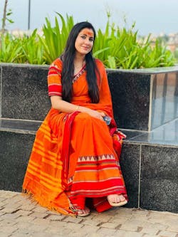 Narayanpet Orange Cotton Saree by Raag Varnam | Mercerized Finish With 2 Blouses Included