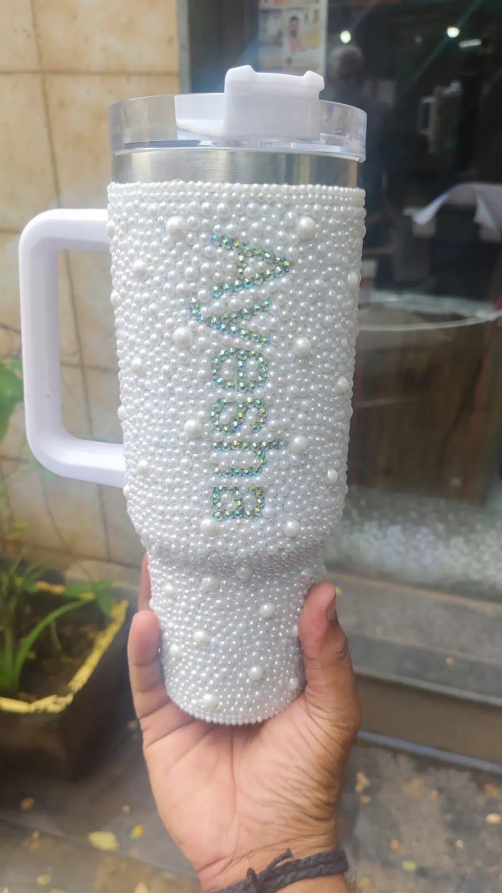 Pearl White Handmade Rhinestone Customized Name Tumbler