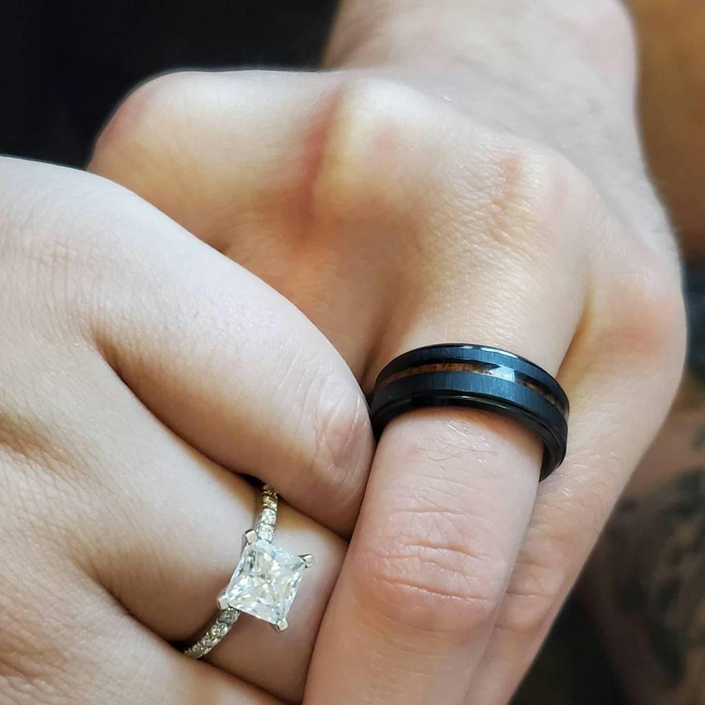 Black Tungsten Ring, Koa Wood strip - 8mm