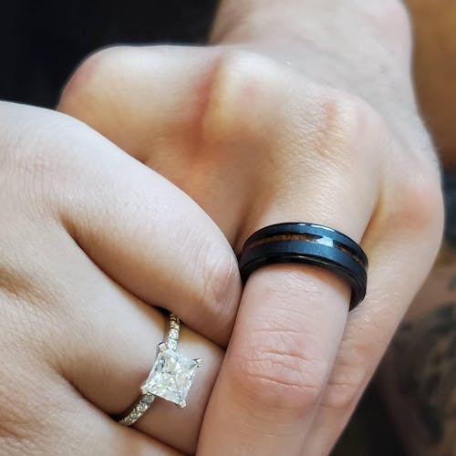 Black Tungsten Ring, Koa Wood strip - 8mm