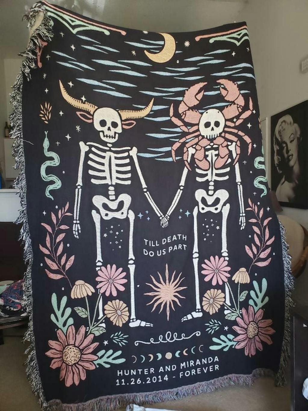 Personalized Zodiac Skeleton Couple Woven Blankets Custom Astrology