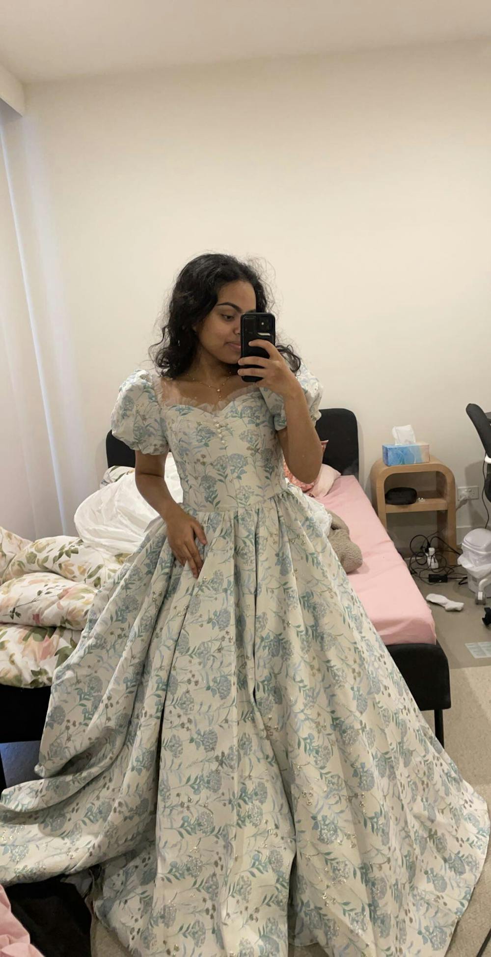 Handmade Princess Puff Sleeves Floral Prom Dress