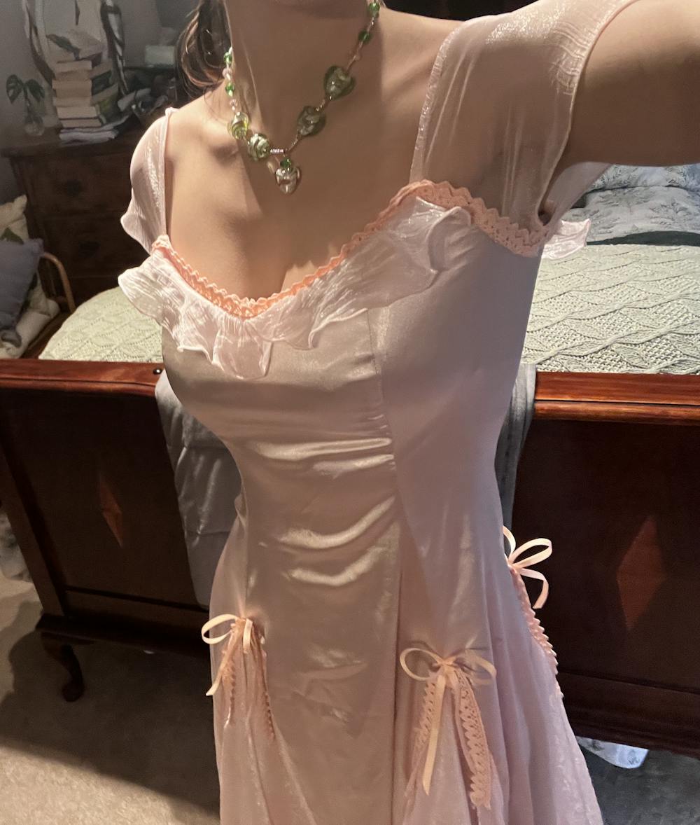 Dreamy Coquette Bow-Stitched Satin Dress