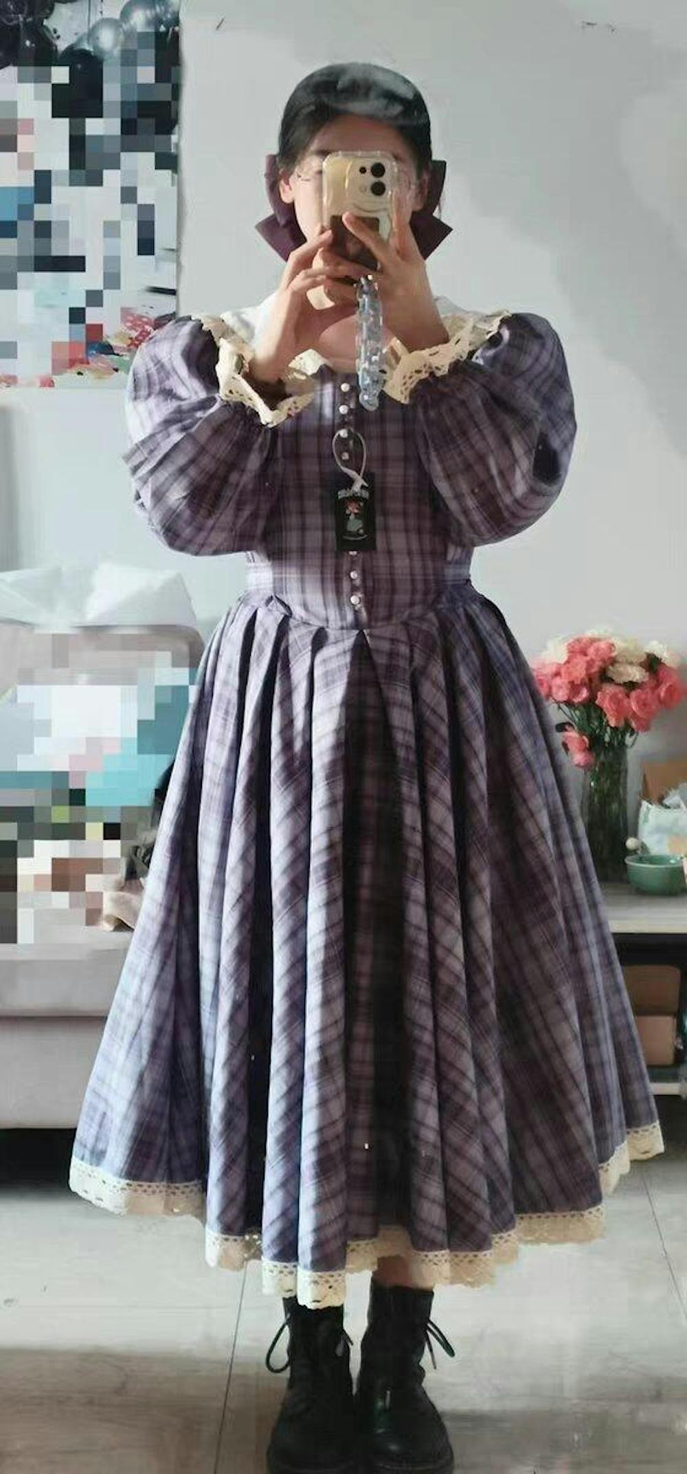 1970s Tartan Puff Sleeves Picnic Dress （Customizable）