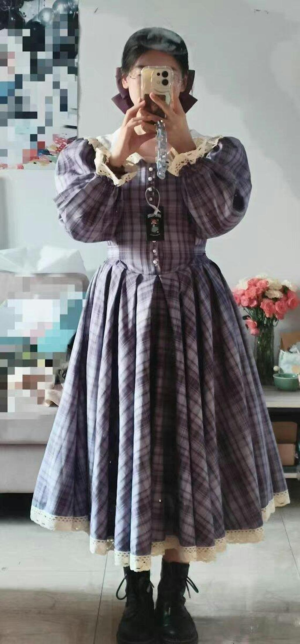 1970s Tartan Puff Sleeves Picnic Dress （Customizable）