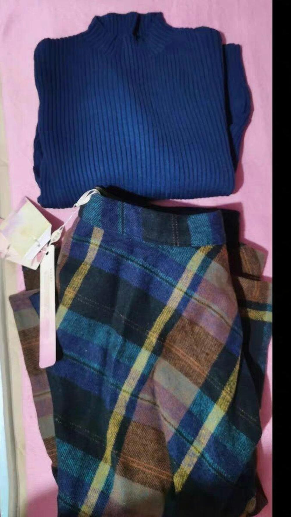 Vintage Style Knit Top Plaid Skirt Set