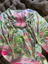 Lifestyle Print Cotton Knit 3/4 Sleeve Slit Neck Tunic