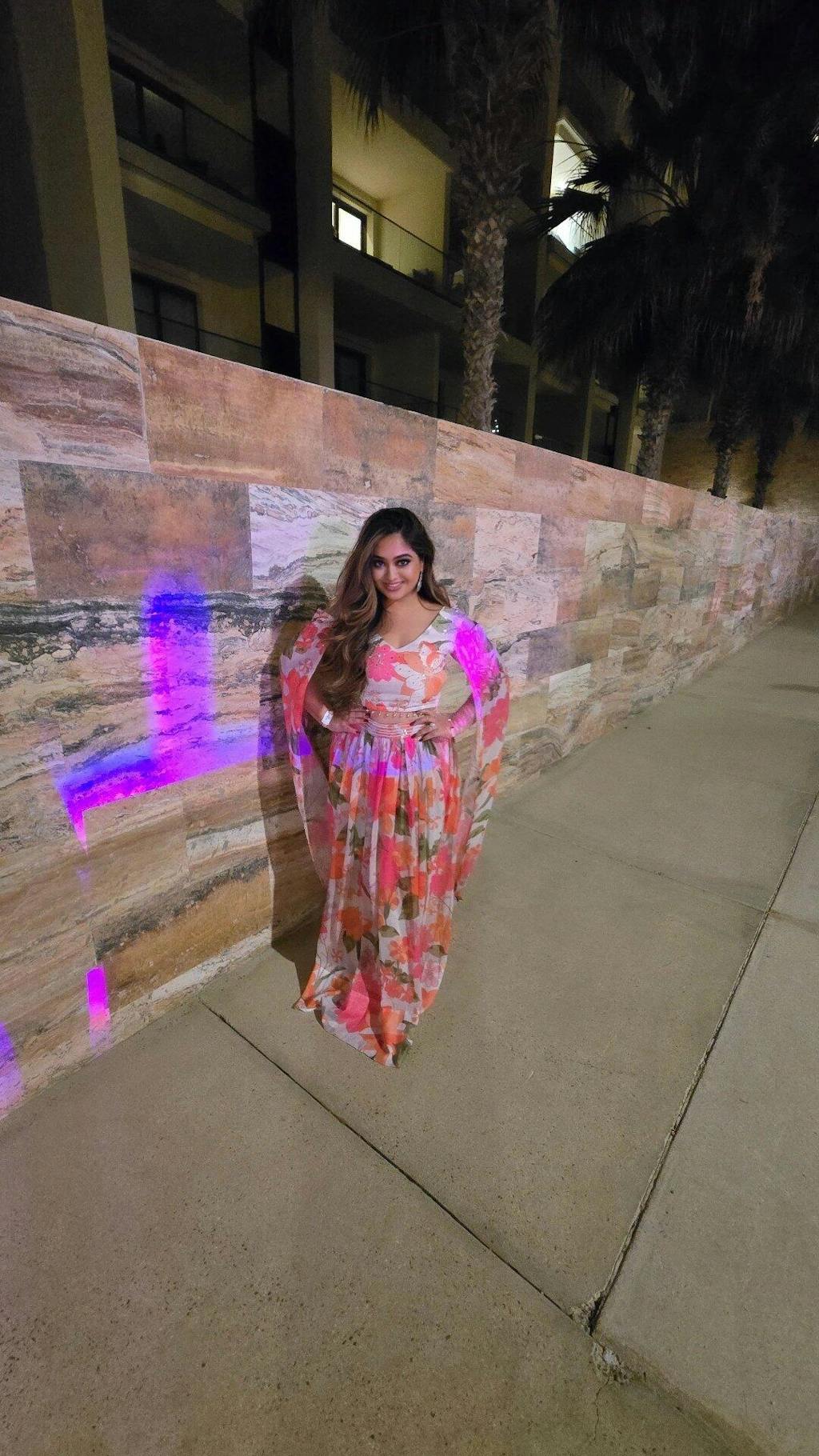 Floral Printed Georgette Lehenga Set with Cape Sleeves – For  Haldi , Mehendi & Sangeet .