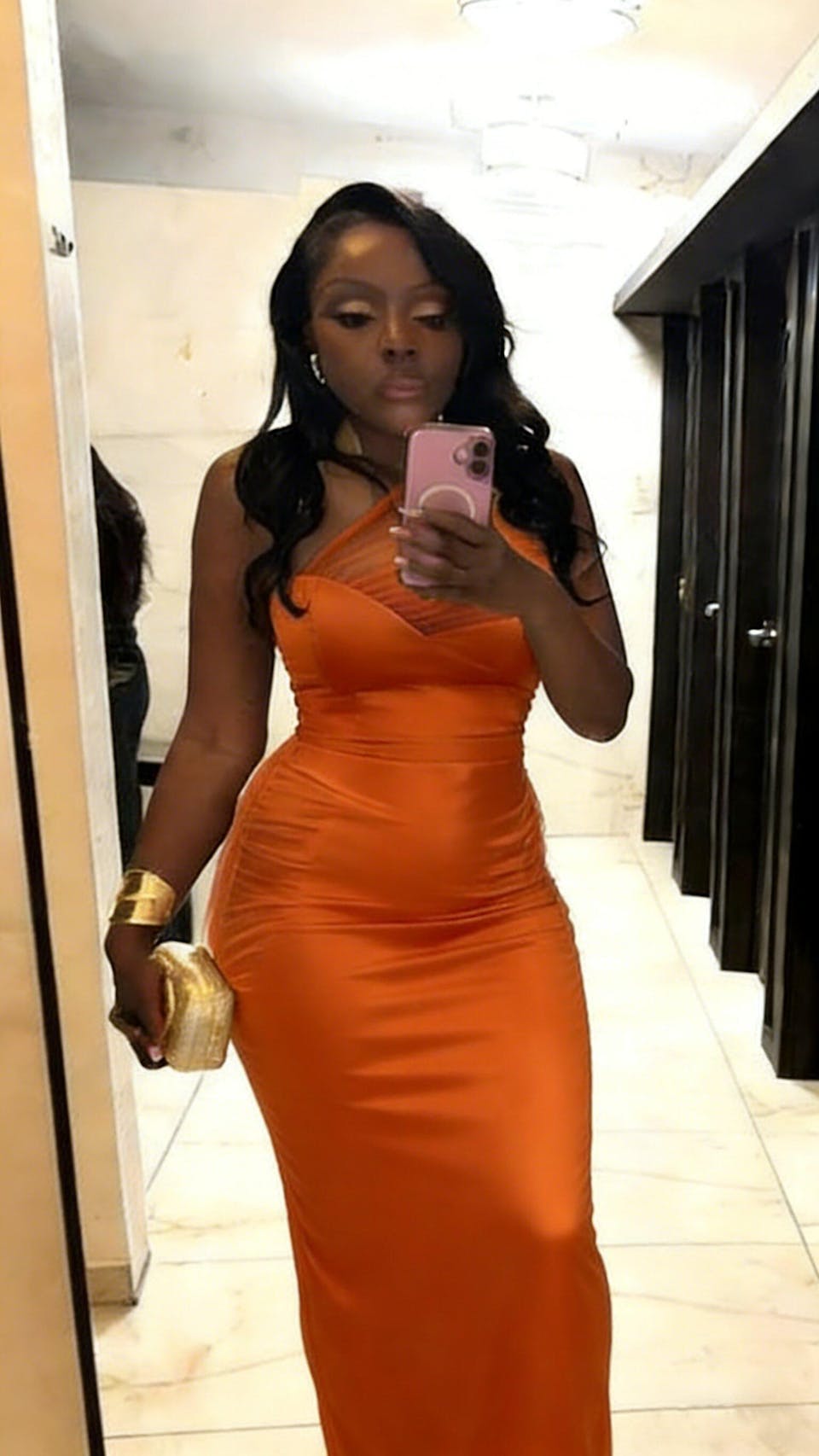 Elegant Orange One-Shoulder Sleeveless Mermaid Long Bridesmaid Dresses Online, BG892