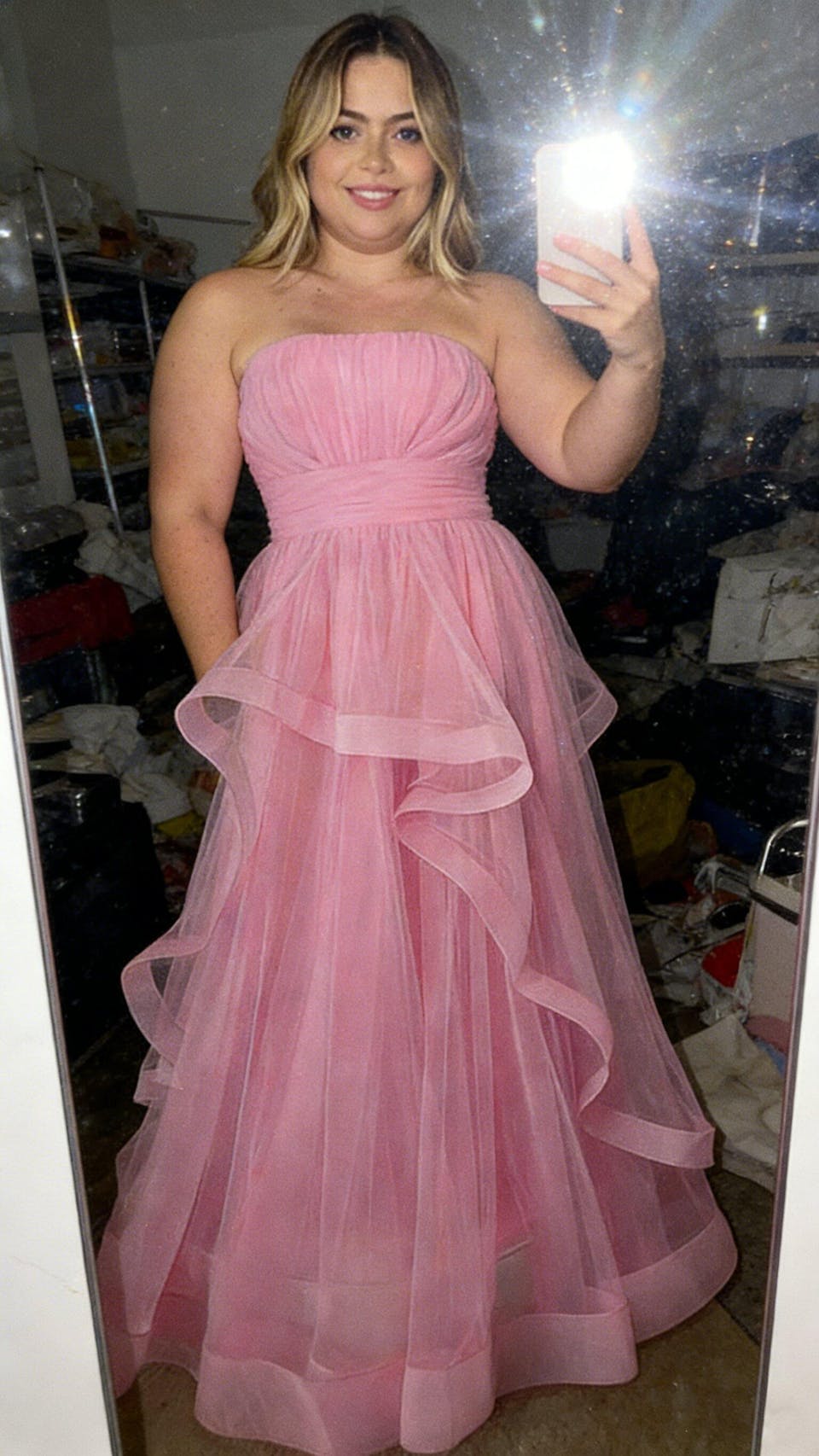 Elegant Pink Tulle Ball Gown Strapless Tiered Skirt Prom Party Dress Long,OLP1836