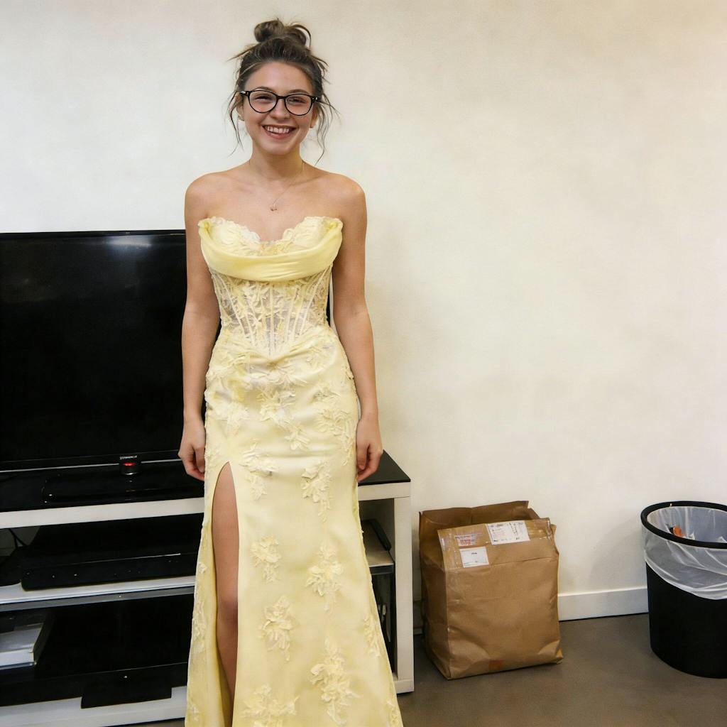 Modern Yellow Floral Lace Prom Dress Strapless Cowl Neck High Slit Corset Gala Gown, OLP1708