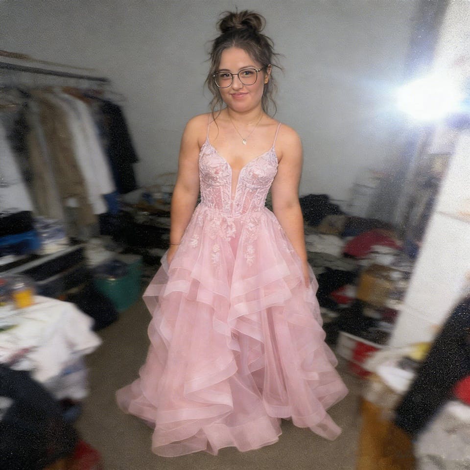 Beautiful Blush Pink Lace Prom Dress V-Neck Spaghetti Straps Ruffled Tulle Ball Gown, OLP1700