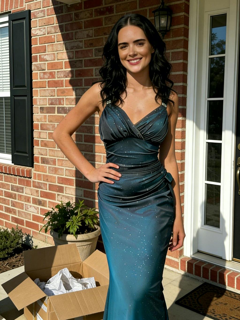 Sparkly Blue Prom Dress V Neck Ruched Mermaid Gown with Chiffon Ruffle,OLP1972