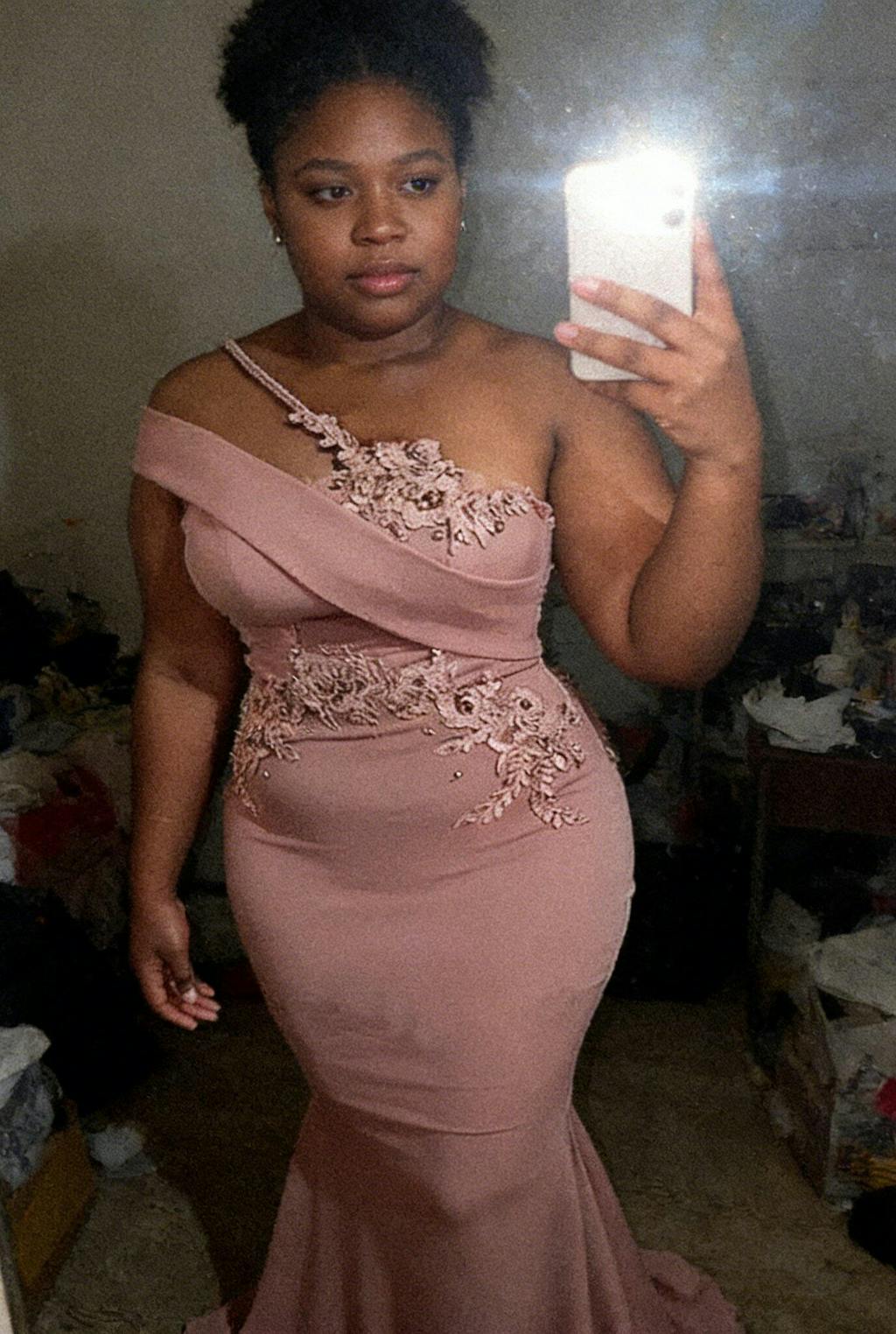 Elegant Pink One Shoulder Mermaid Applique Blush Jersey Bridesmaid Dresses Online, BG493