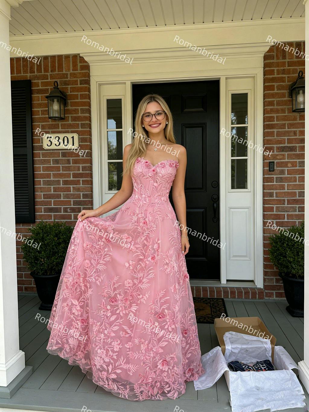 Elegant Strapless Pink Lace Prom Dress with 3D Floral Appliques,OLP1793