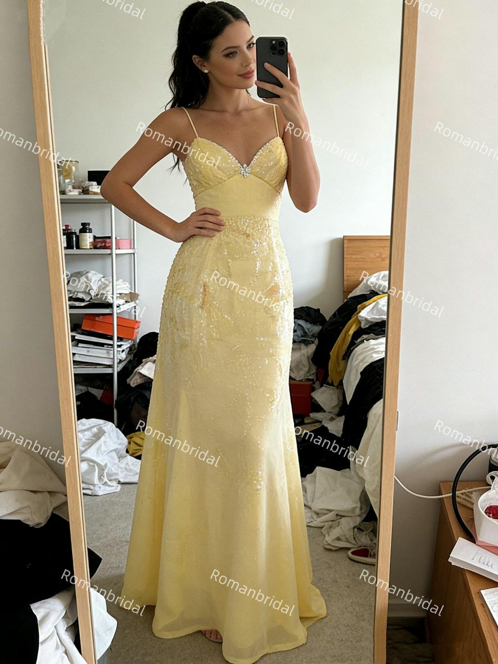 Unique Yellow Lace Prom Gown Spaghetti Straps Sequined Bodice Formal Wear,OLP1987