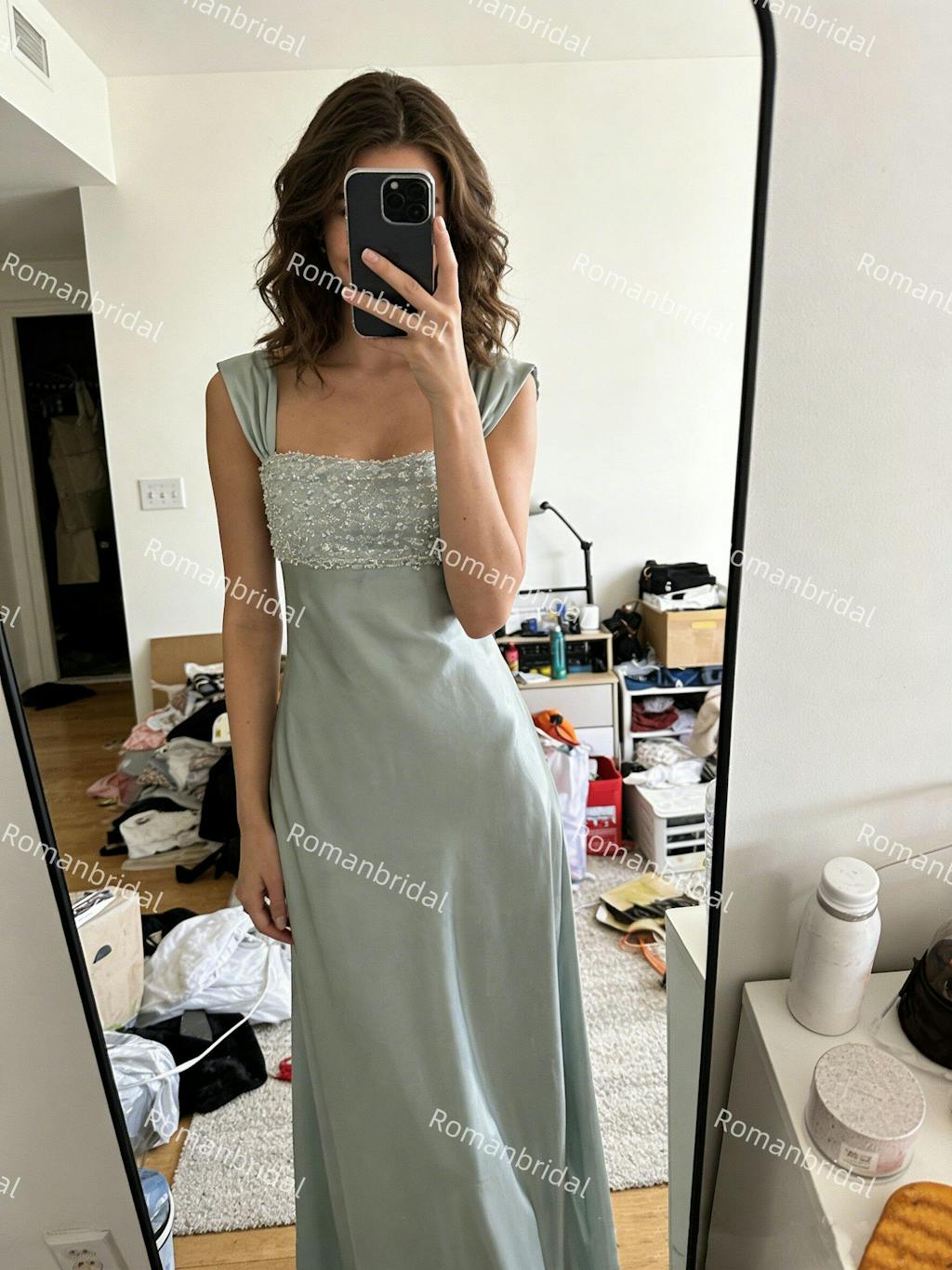 Pretty Ice Blue Empire Waist Prom Dress Beaded Bodice Sleeveless Formal Gown,OLP1912