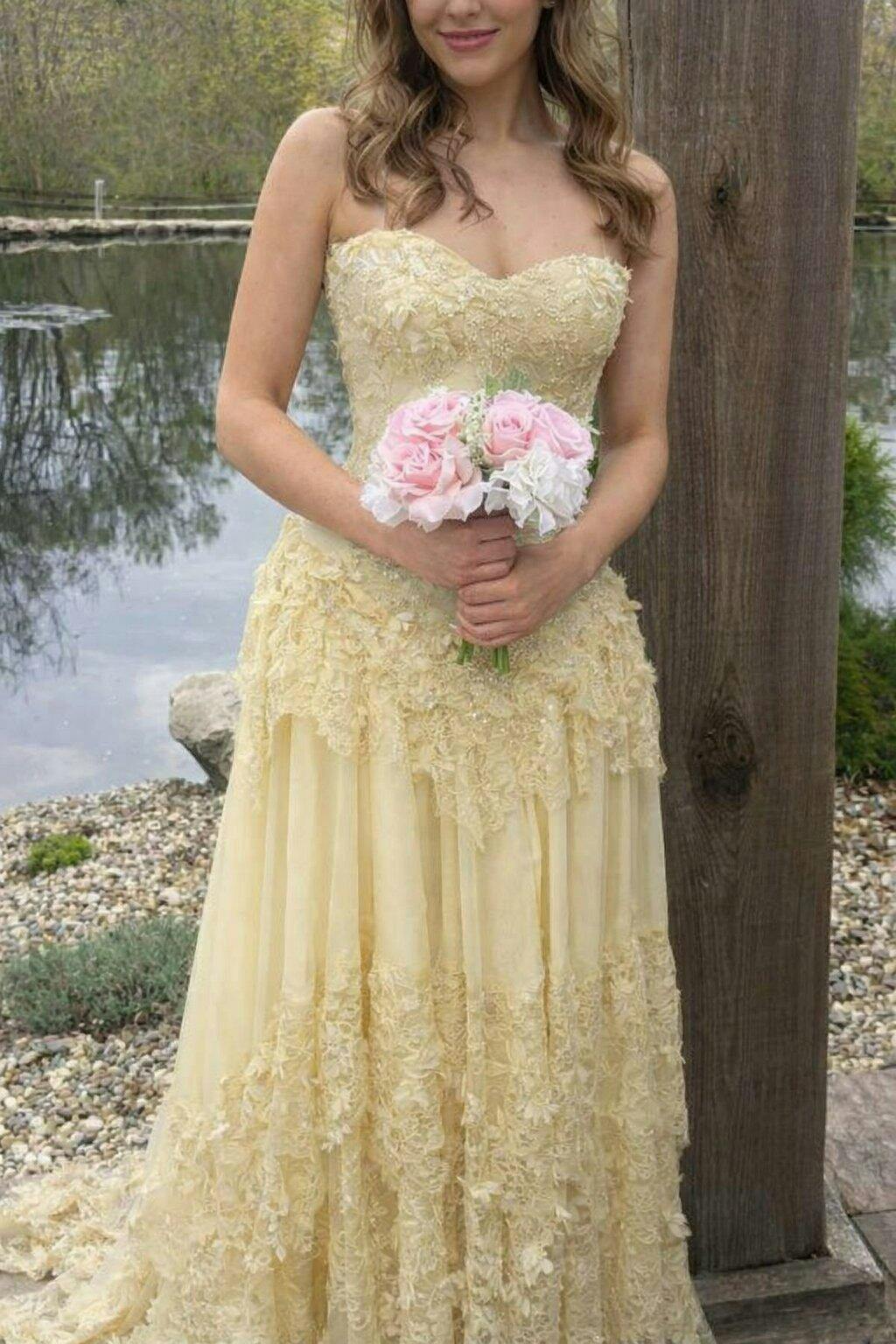 Elegant Yellow Floral Sweetheart A-Line Long Prom Dress Ideas, Evening Party Dresses , OLP1244