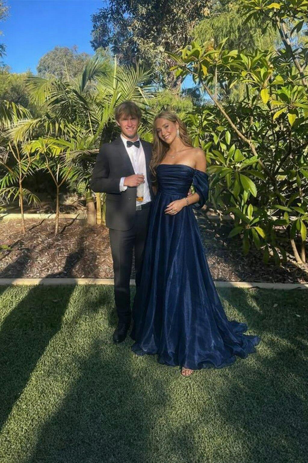 Formal Navy Off-shoulder Sleeveless A-line Satin Long Prom Dresses Online, OLP615