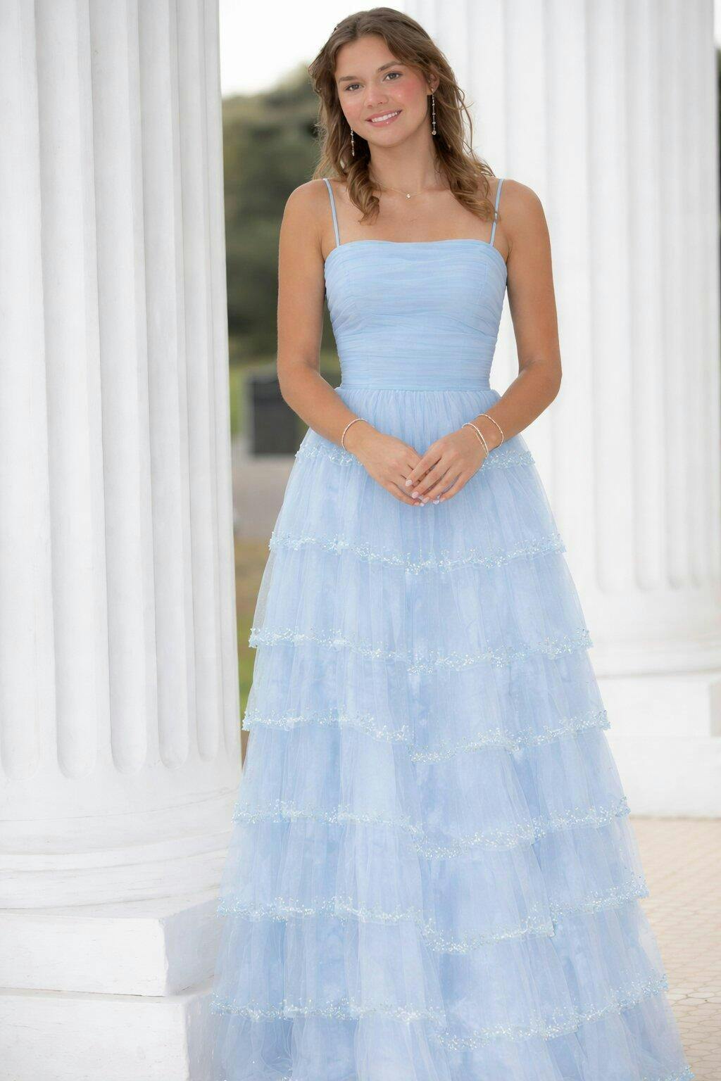 Unique Light Blue Tiered Tulle Ball Gown with Sparkly Beaded Ruffle Detailing,OLP1888