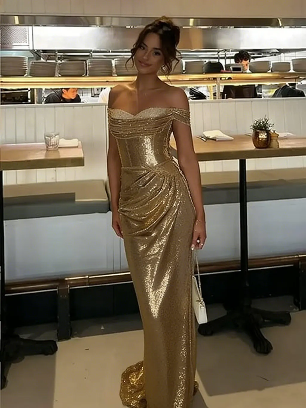 Sexy Gold Sequin Prom Dress Off Shoulder Ruched Bodice Mermaid Silhouette,OLP1979