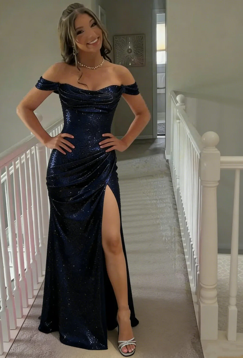 Classy Navy Blue Sequin Prom Dress Off the Shoulder Ruched Sparkly Mermaid Gown,OLP1847