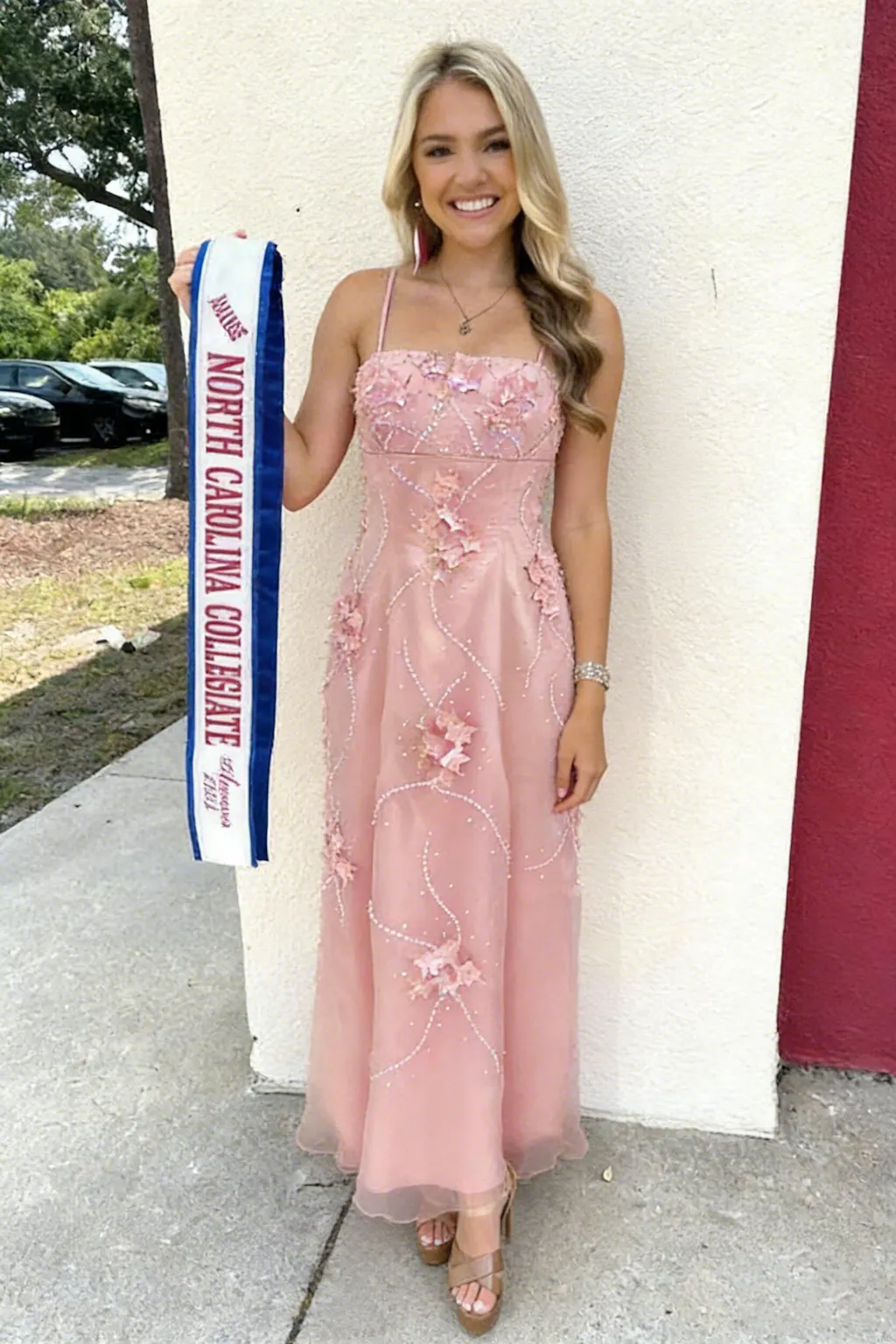 Embroidered Pink Strap Long Prom Dress Applique Modern Elegant Evening Gown,OLP2136