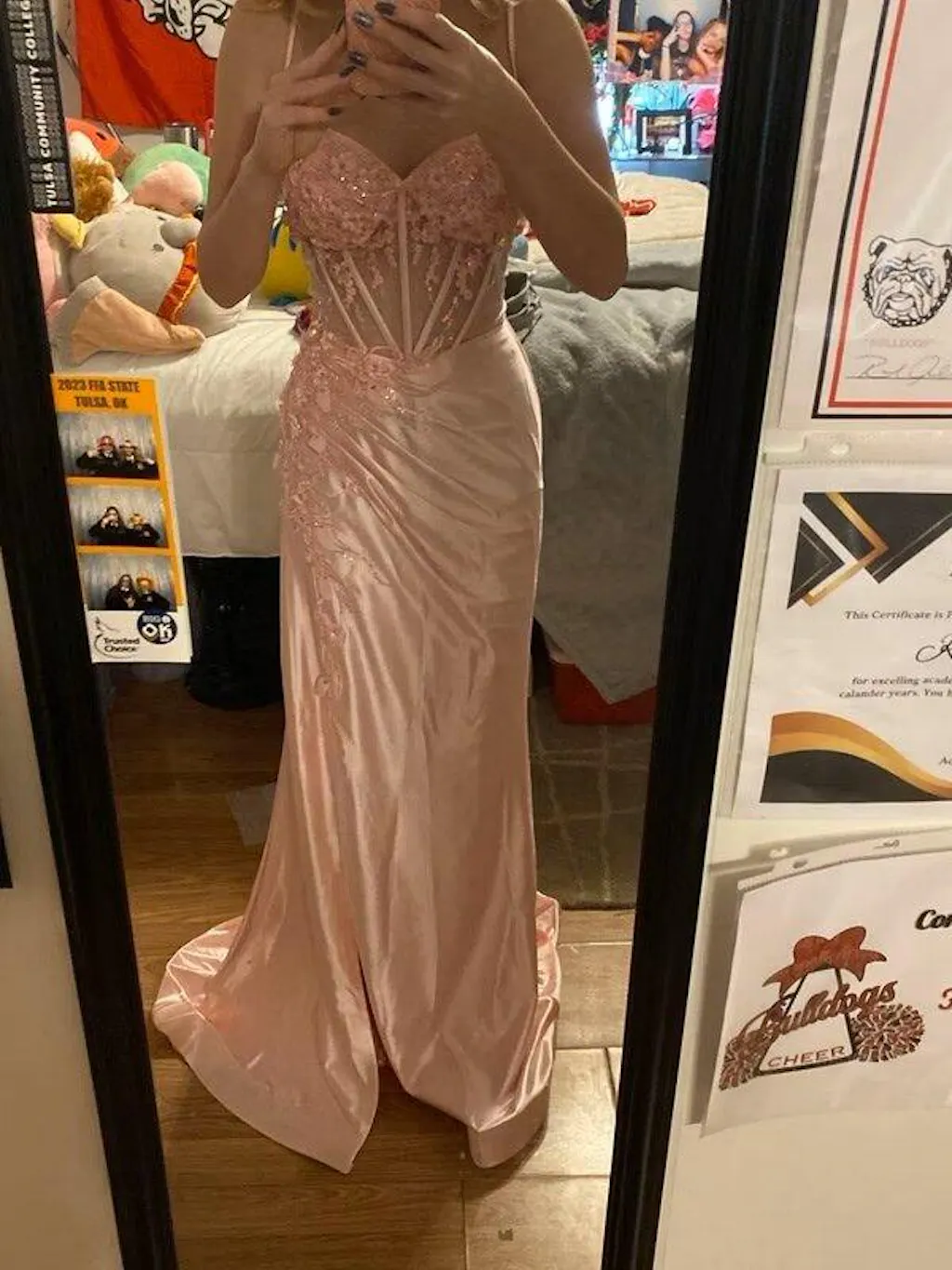 Fancy Pink Satin Prom Dress Sheer Corset Bodice Side Slit Ruched Mermaid Design,OLP2157