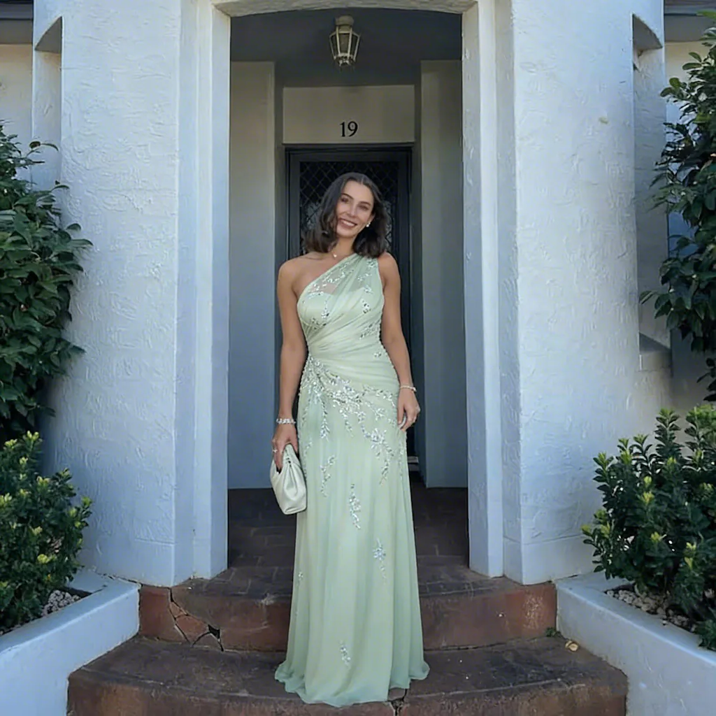 Elegant Green One Shoulder Prom Dress Sequin Embroidered Sheer Mesh Gown,OLP2084
