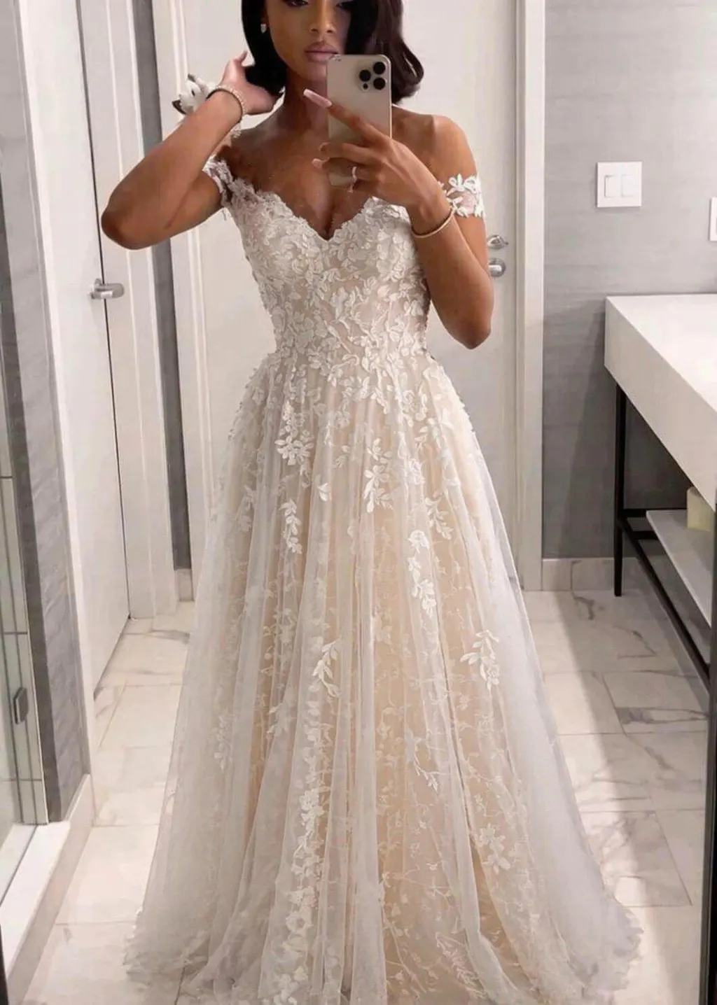 A-Line Off The Shoulder Tulle Lace Floor Length Wedding Dresses,RBWD0016